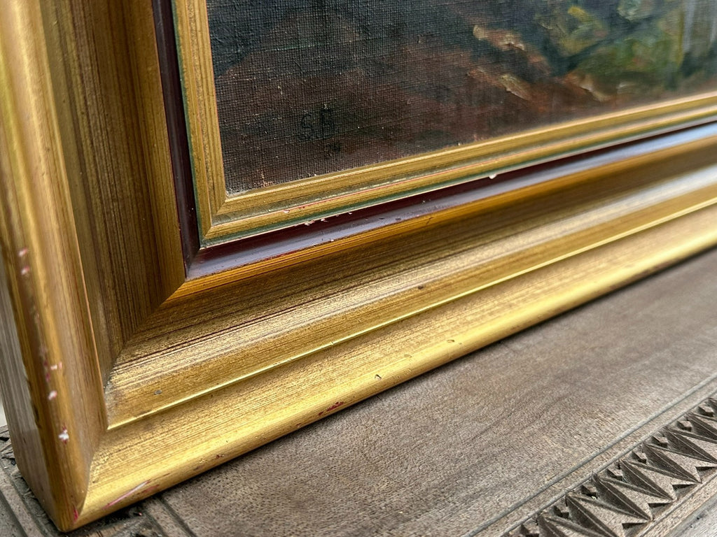 Antikes Ölgemälde von 1929 Mädchen vor Häusern Monogrammist