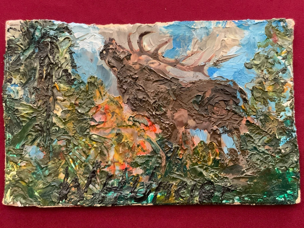 W.H. Unger - Hirsch in der Brunft - Öl-Gemälde auf Karton 22x14cm