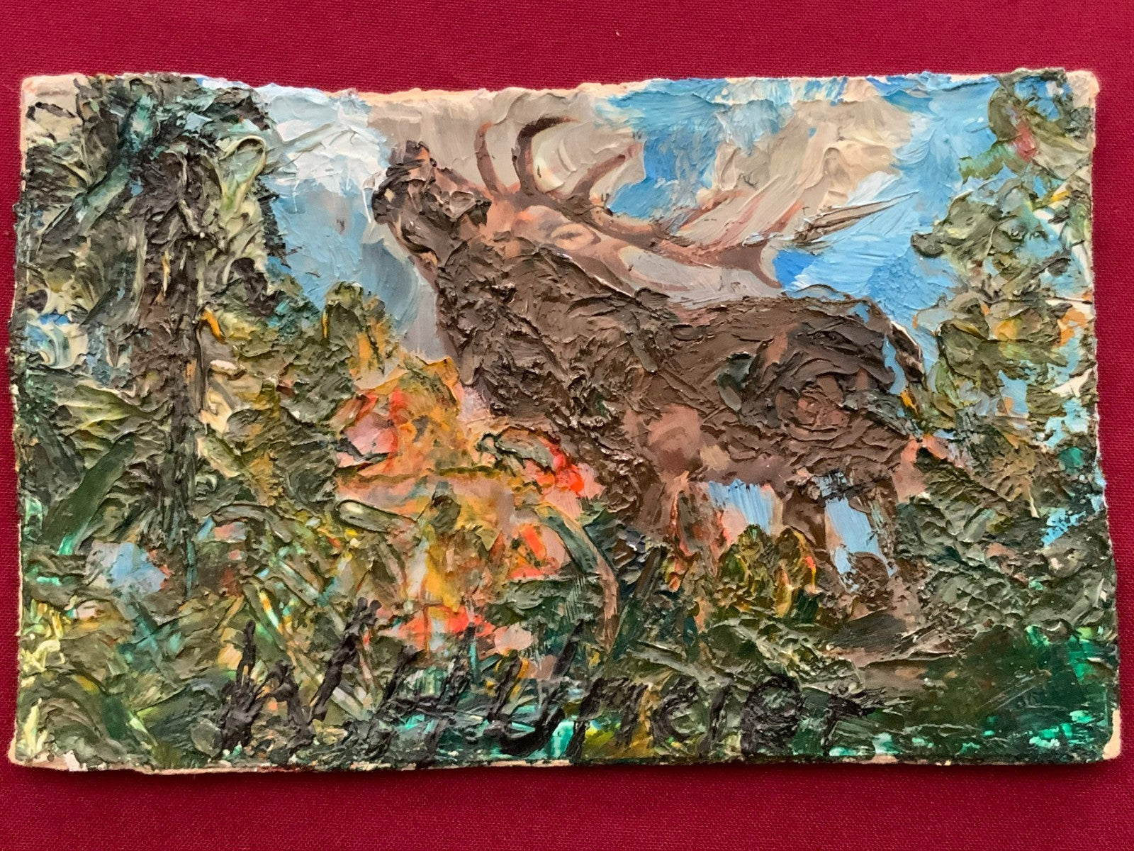 W.H. Unger - Hirsch in der Brunft - Öl-Gemälde auf Karton 22x14cm