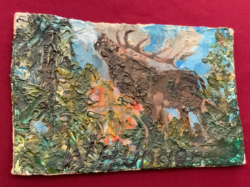 W.H. Unger - Hirsch in der Brunft - Öl-Gemälde auf Karton 22x14cm