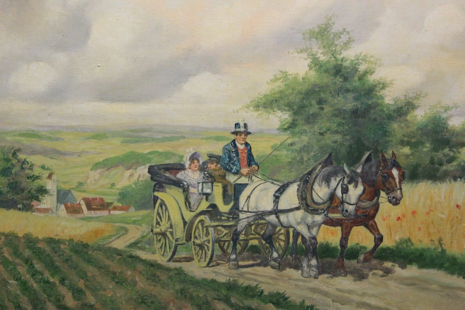 ÖLGEMÄLDE LANDSCHAFT PERSONEN LÄNDLICHE KUTSCHENFAHRT P. WEGENER GROSSFORMAT