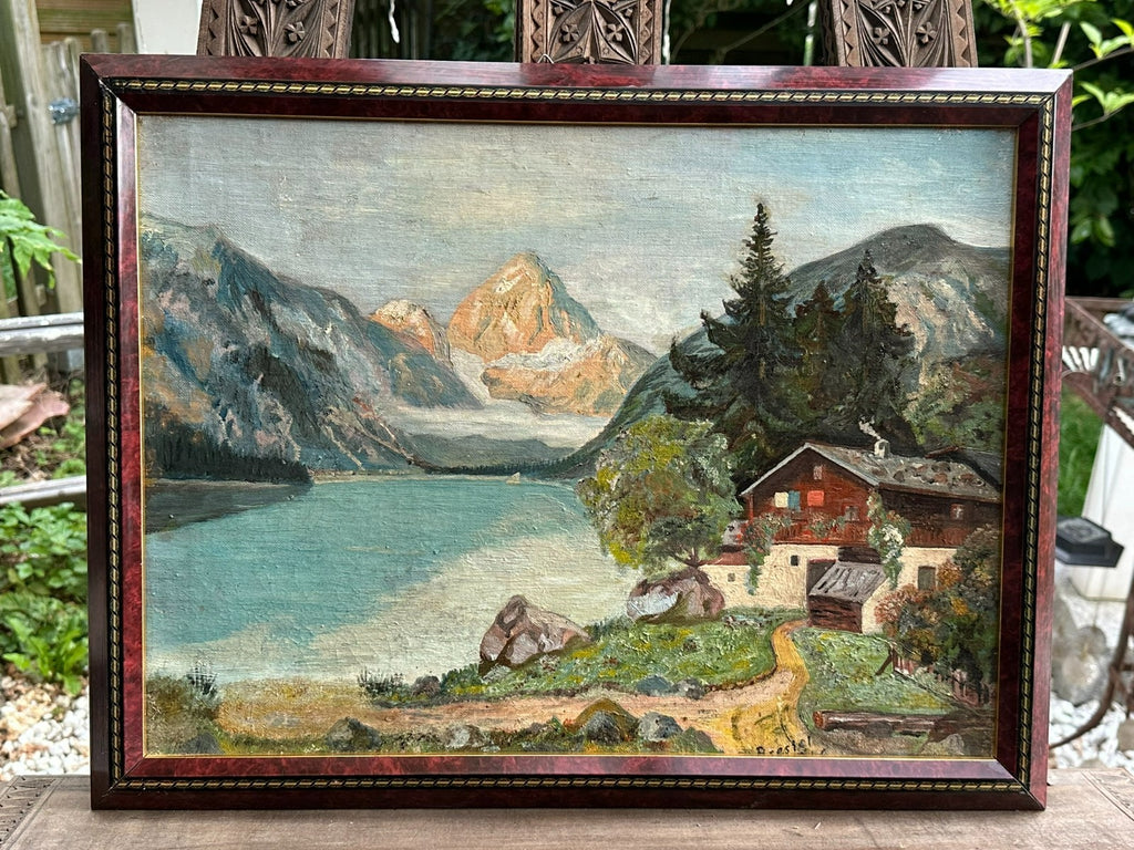 Ölgemälde Bauernhof vor Gebirge am See Landschaft signiert Brestel