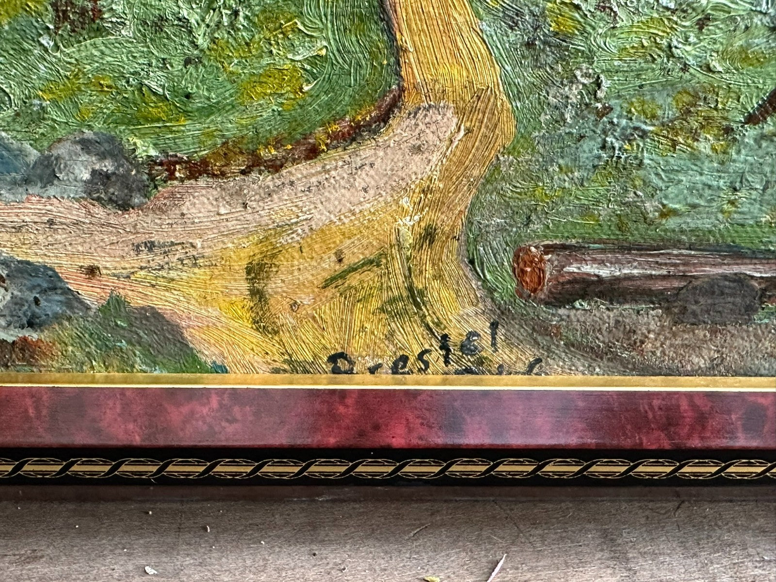 Ölgemälde Bauernhof vor Gebirge am See Landschaft signiert Brestel