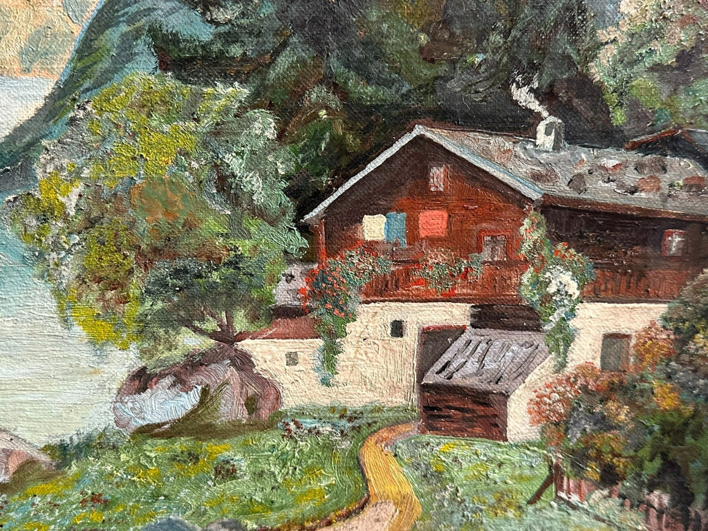 Ölgemälde Bauernhof vor Gebirge am See Landschaft signiert Brestel