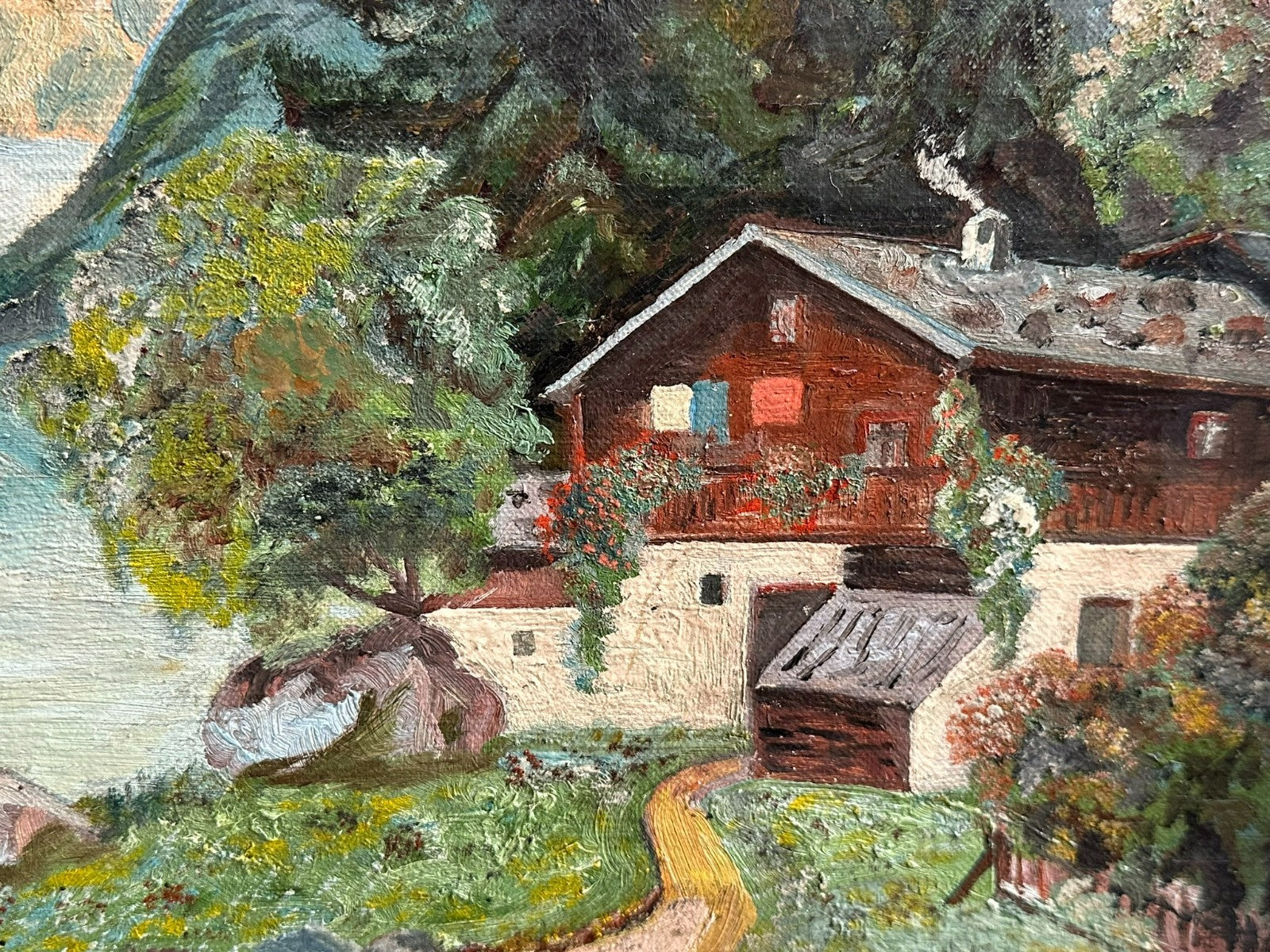 Ölgemälde Bauernhof vor Gebirge am See Landschaft signiert Brestel