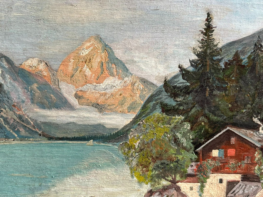 Ölgemälde Bauernhof vor Gebirge am See Landschaft signiert Brestel