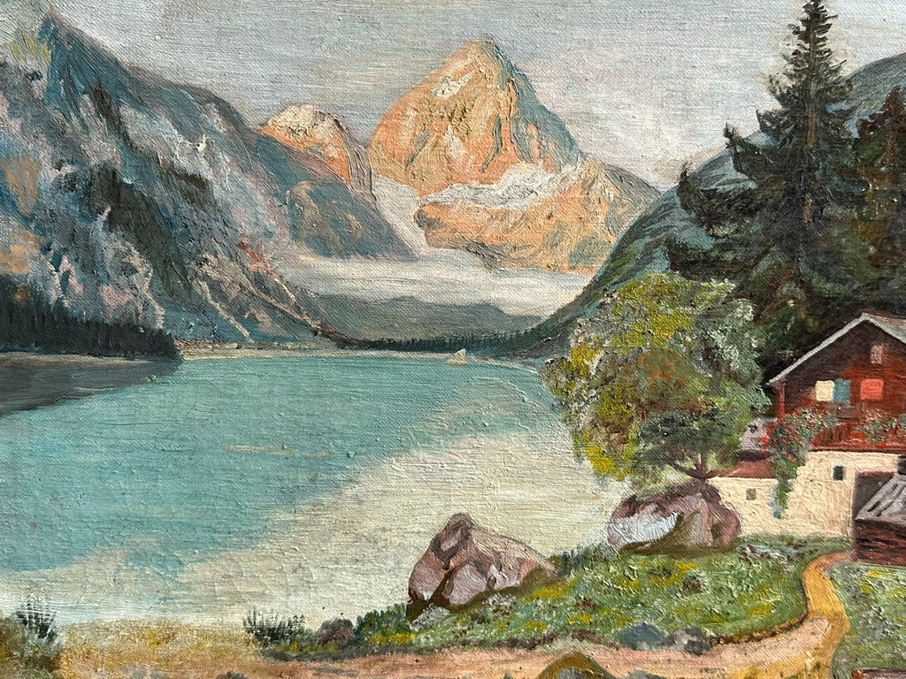 Ölgemälde Bauernhof vor Gebirge am See Landschaft signiert Brestel
