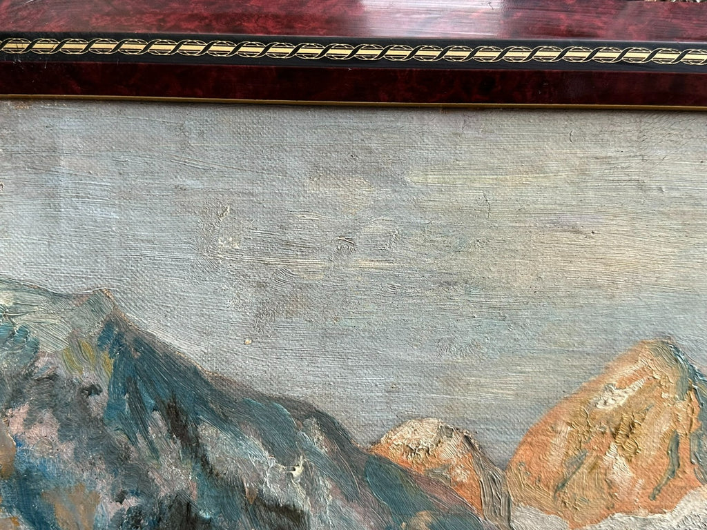 Ölgemälde Bauernhof vor Gebirge am See Landschaft signiert Brestel