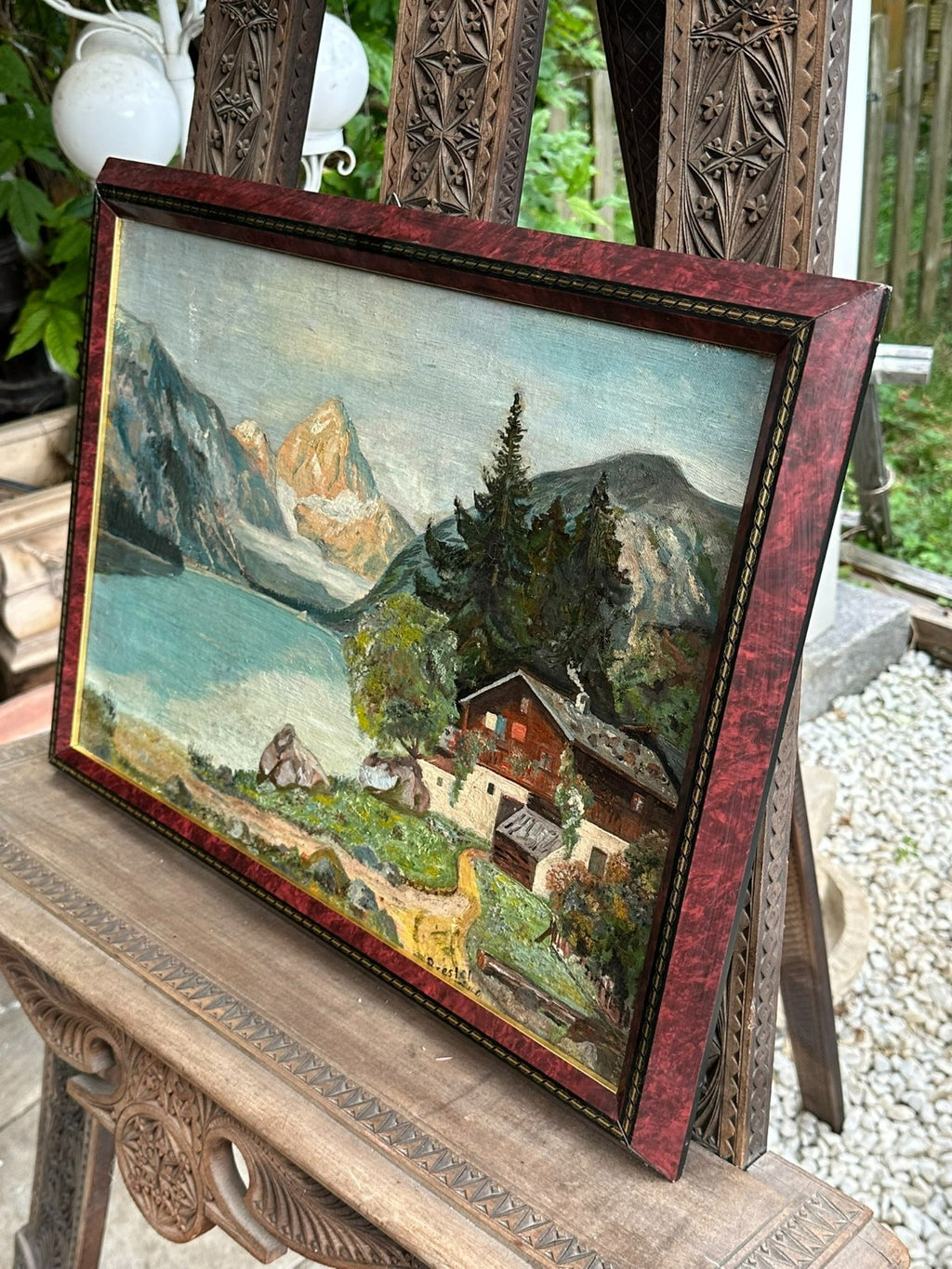 Ölgemälde Bauernhof vor Gebirge am See Landschaft signiert Brestel