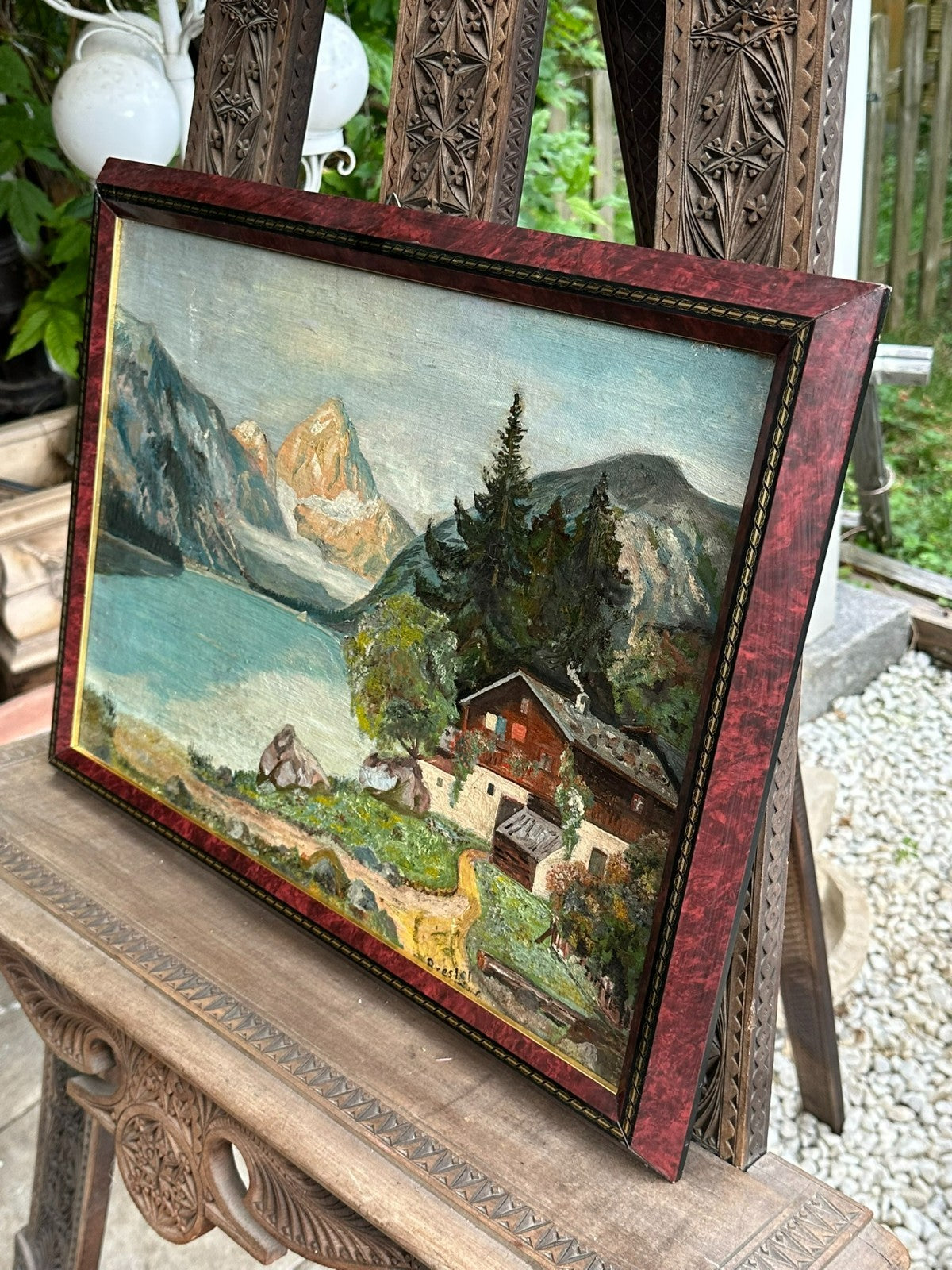 Ölgemälde Bauernhof vor Gebirge am See Landschaft signiert Brestel