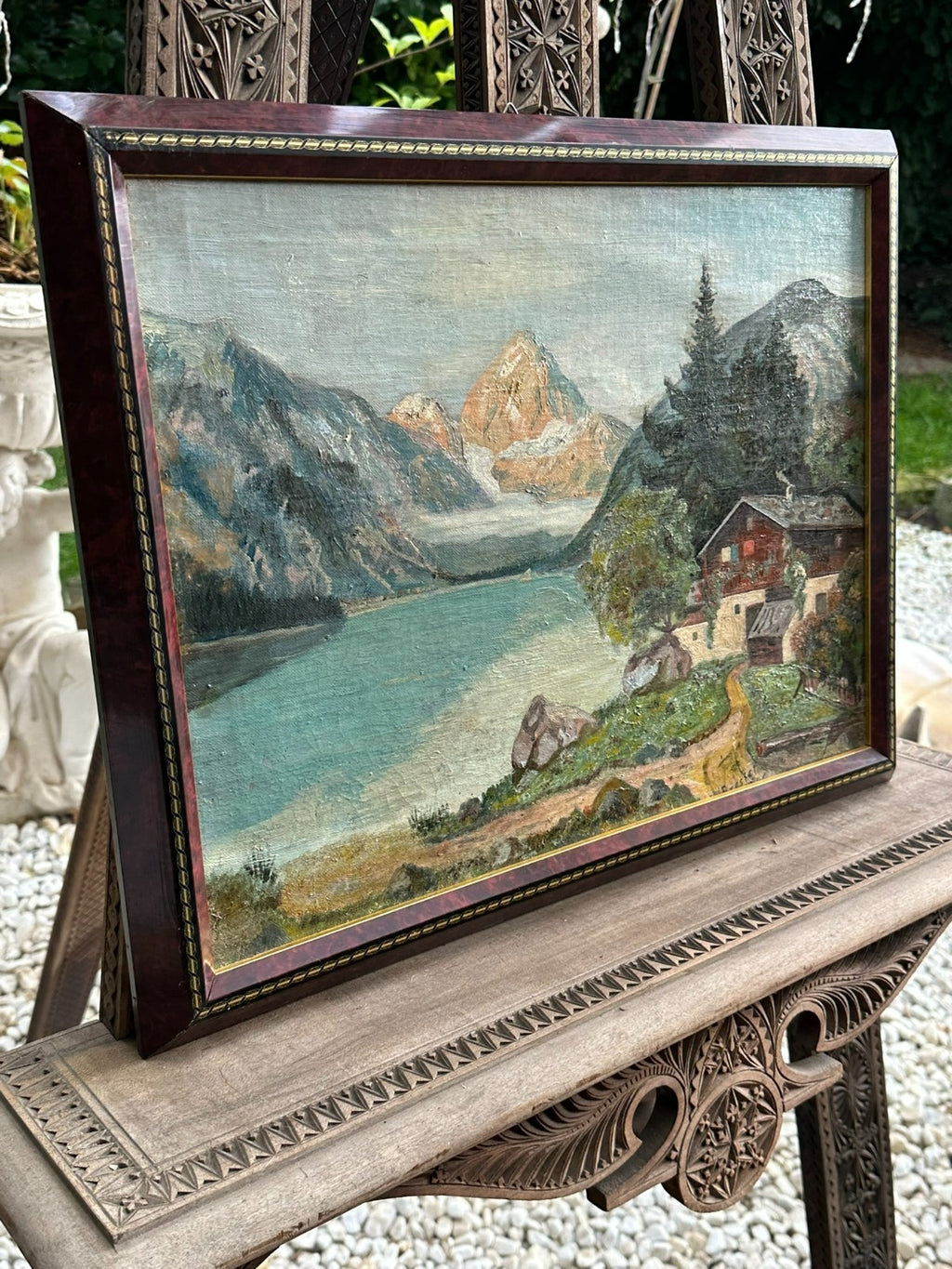 Ölgemälde Bauernhof vor Gebirge am See Landschaft signiert Brestel
