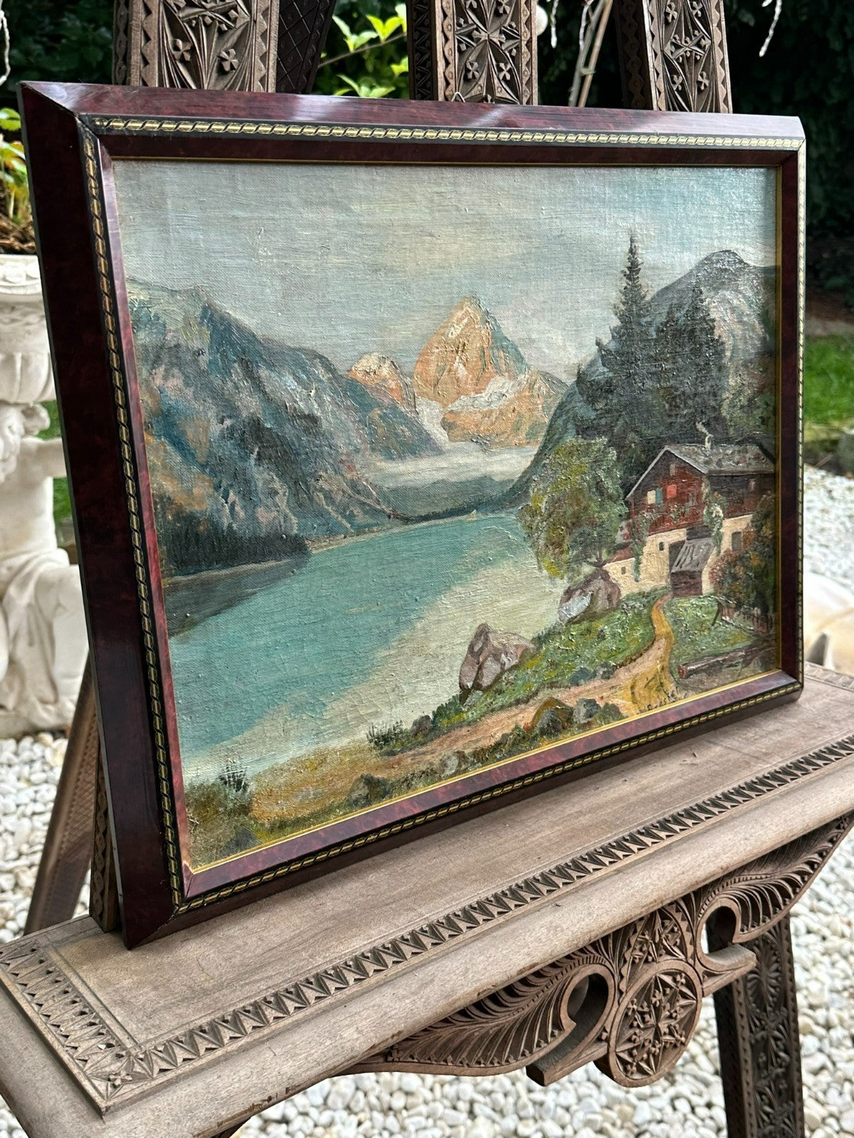 Ölgemälde Bauernhof vor Gebirge am See Landschaft signiert Brestel