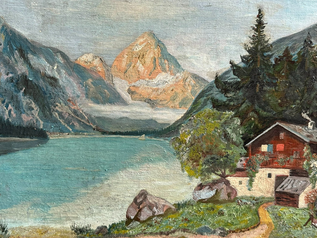 ÖLGEMÄLDE BAUERNHOF VOR GEBIRGE AM SEE LANDSCHAFT SIGNIERT BRESTEL