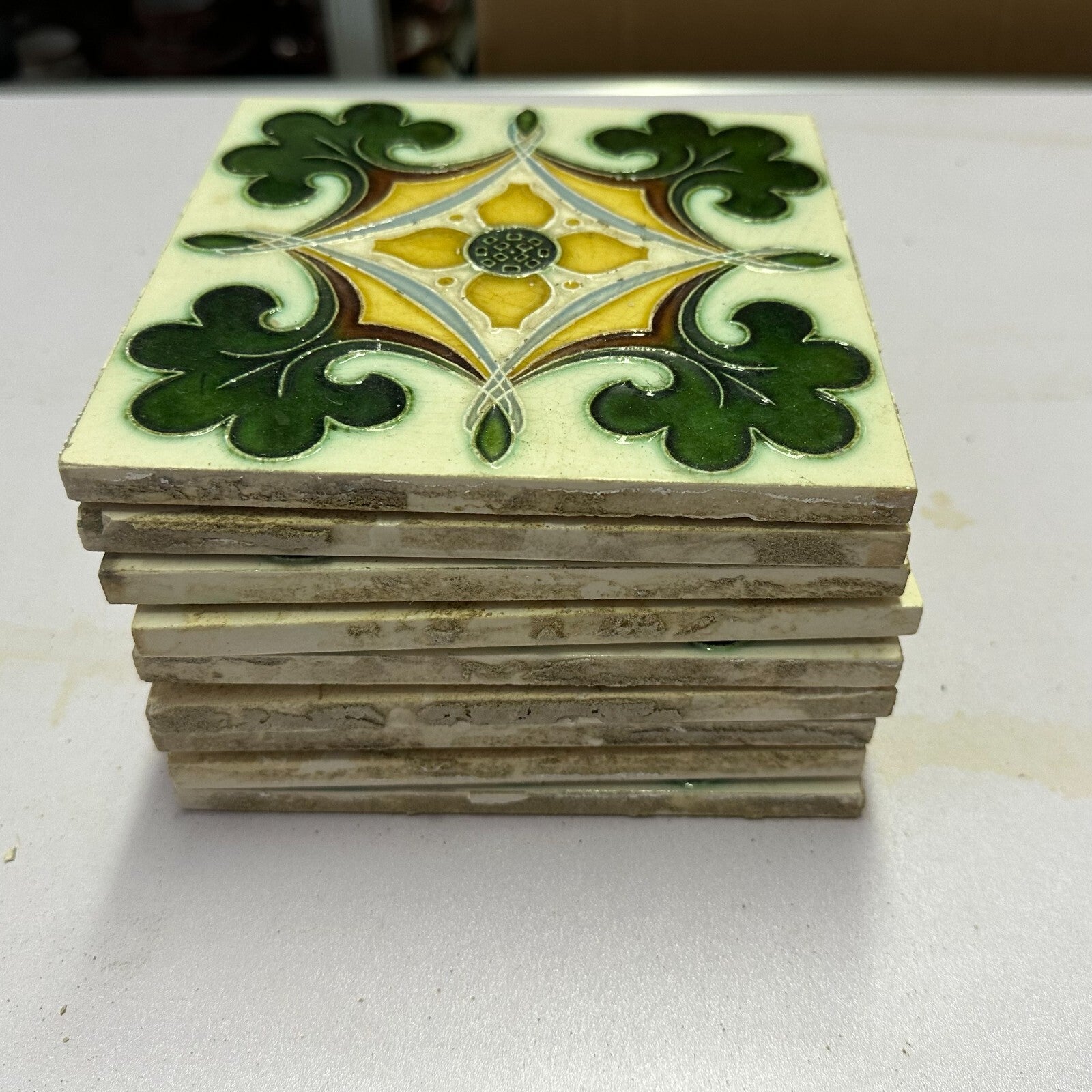 Set 9x Jugendstilfliese aus Keramik 15x15cm antike Jugendstil Fliese um 1910