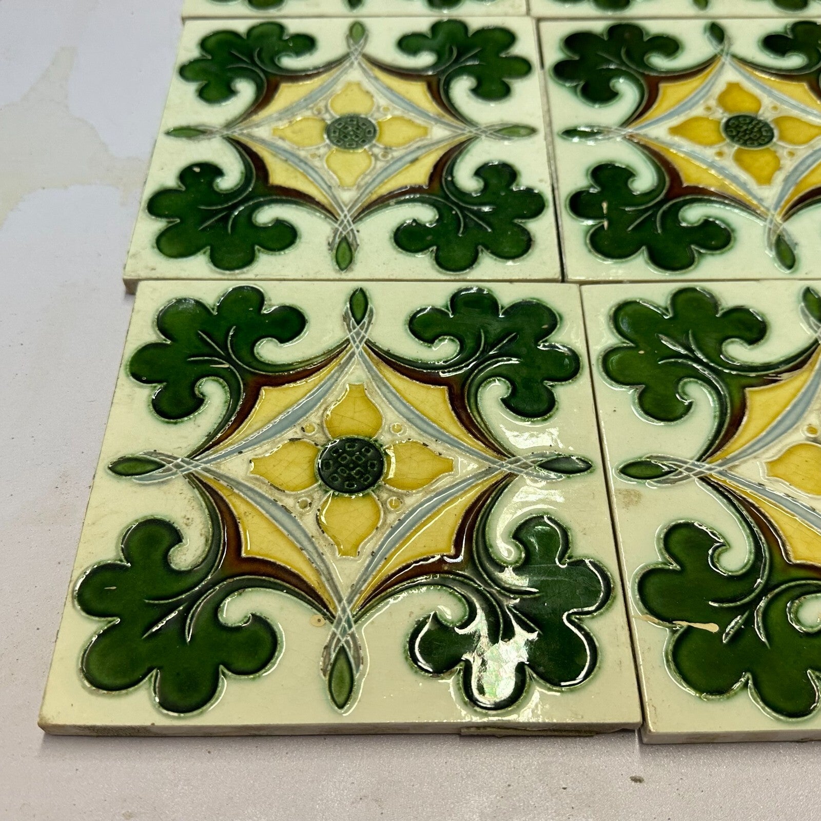 Set 9x Jugendstilfliese aus Keramik 15x15cm antike Jugendstil Fliese um 1910