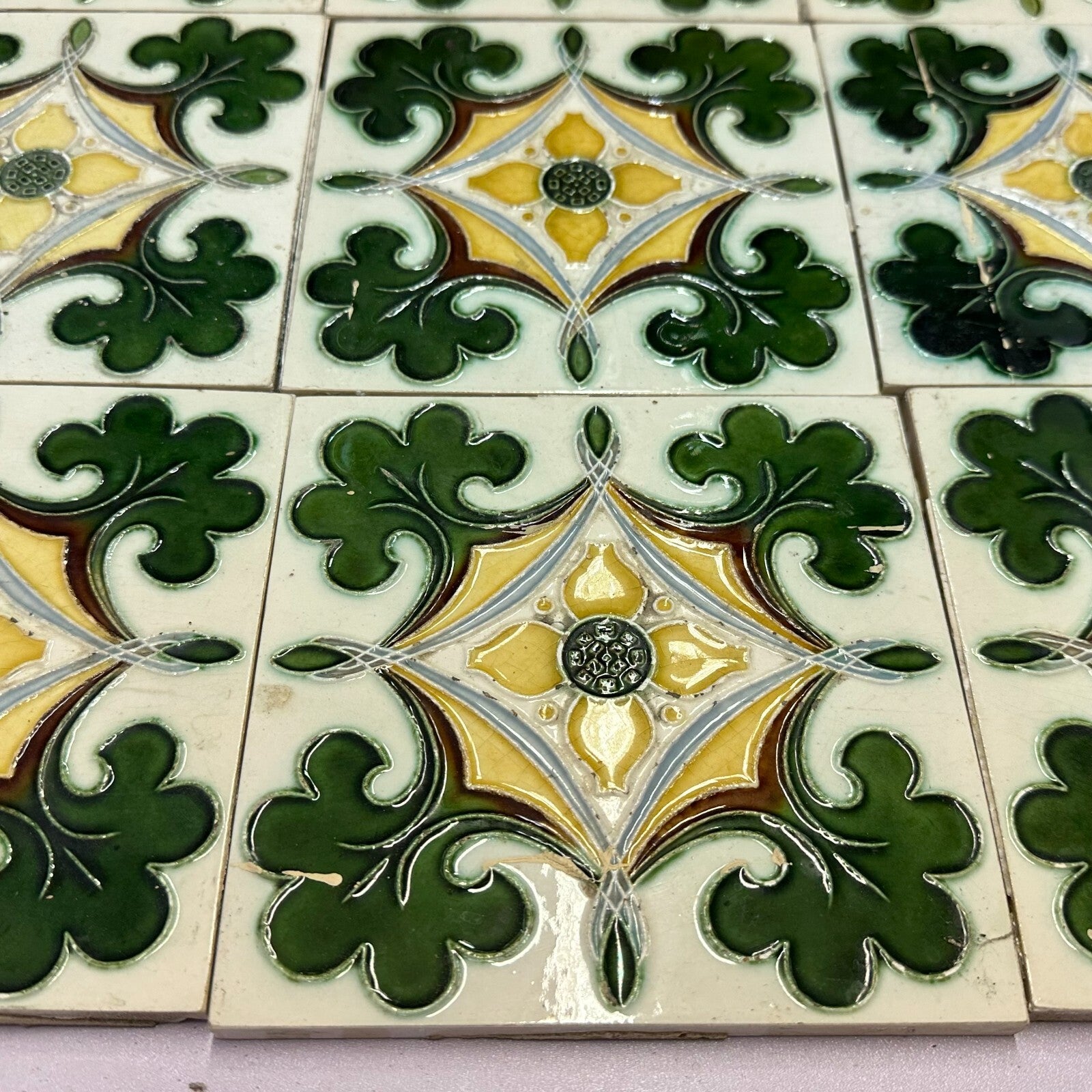 Set 9x Jugendstilfliese aus Keramik 15x15cm antike Jugendstil Fliese um 1910
