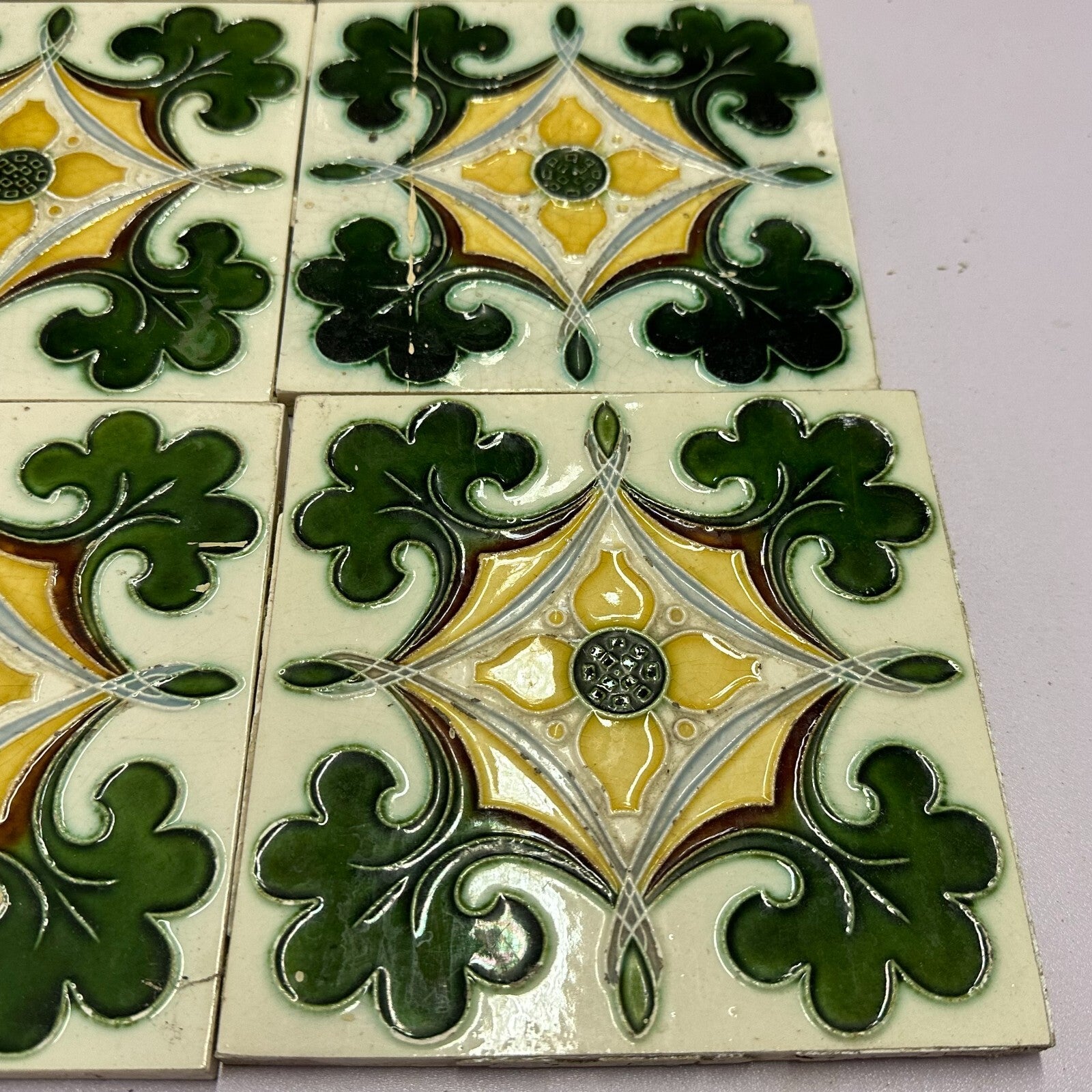 Set 9x Jugendstilfliese aus Keramik 15x15cm antike Jugendstil Fliese um 1910