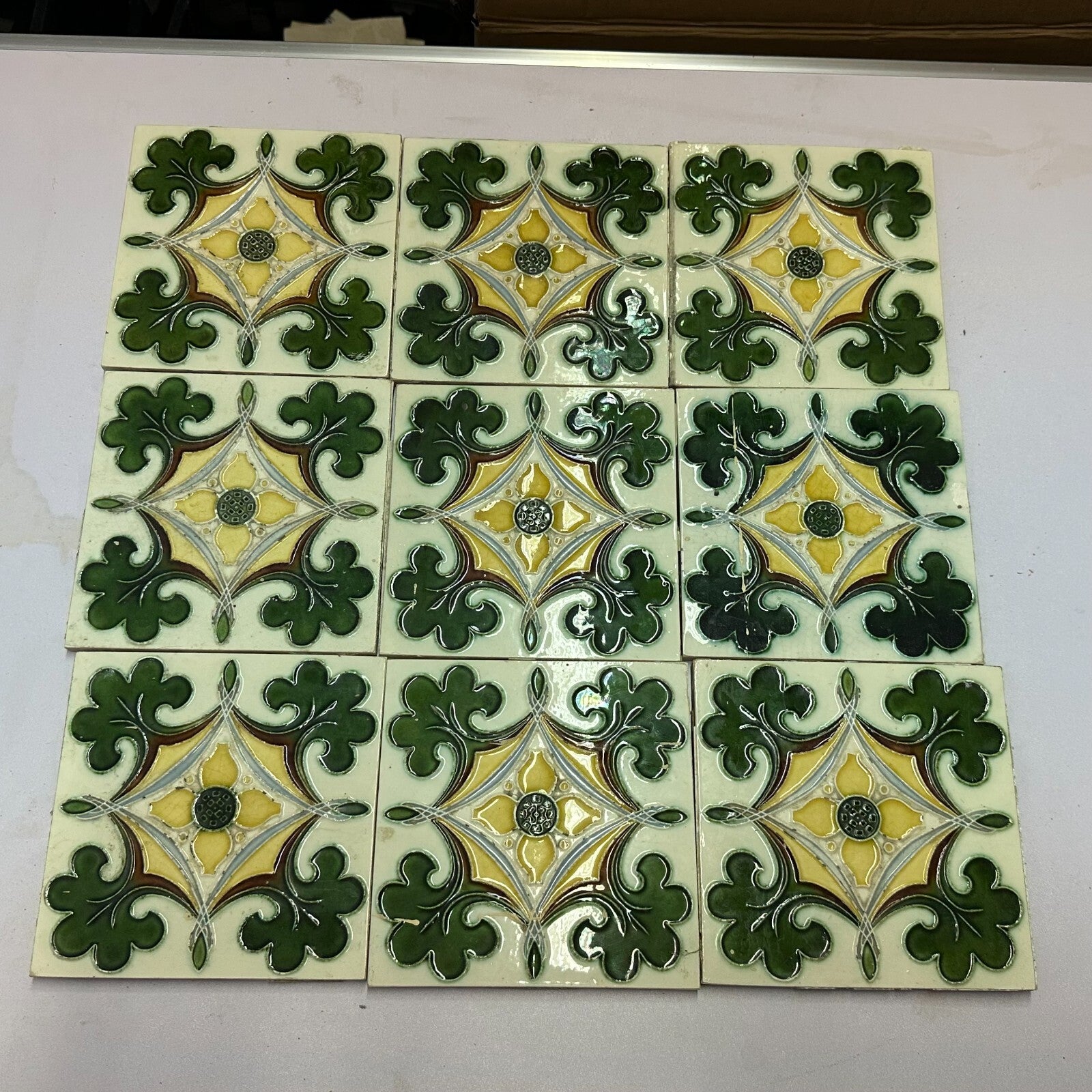 SET 9x JUGENDSTILFLIESE AUS KERAMIK 15x15cm ANTIKE JUGENDSTIL FLIESE UM 1910