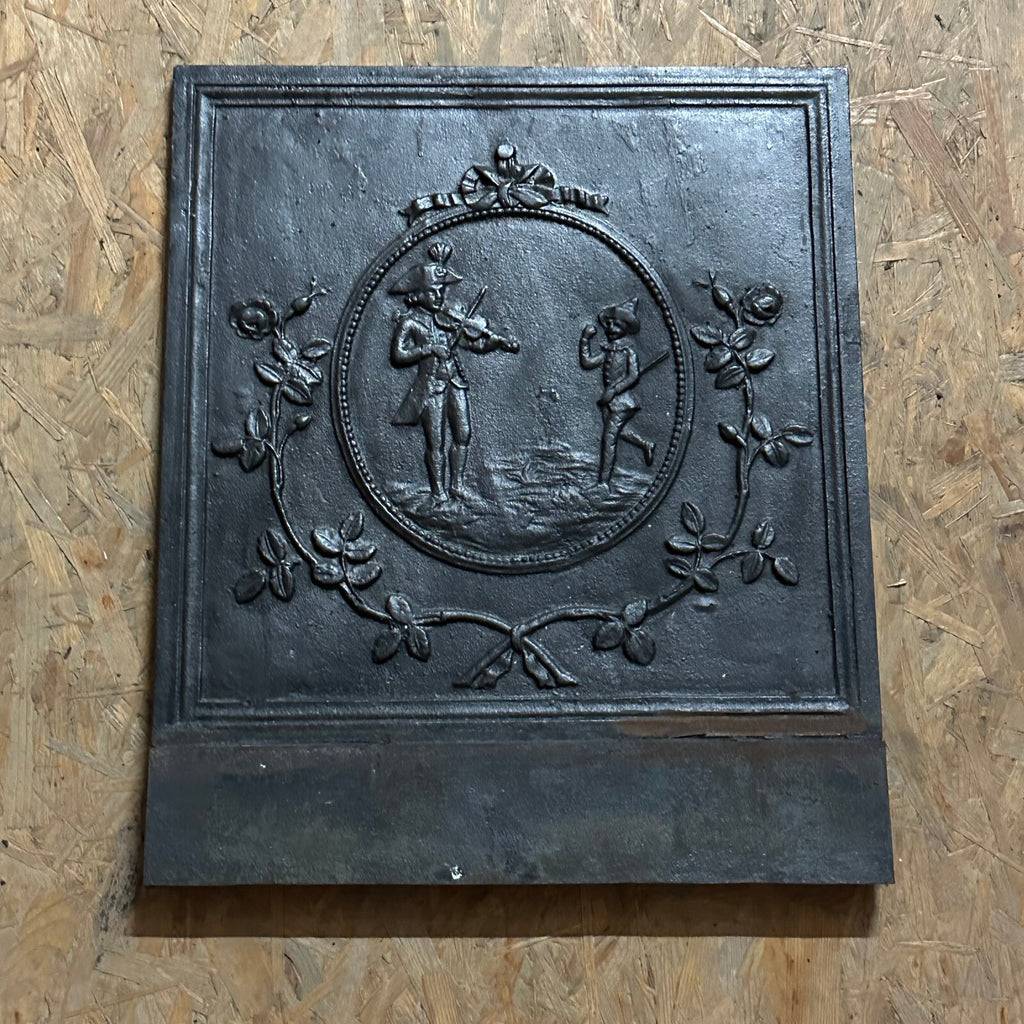 Antike Barock Ofenplatte aus Eisen 19 tes Jhdt 45x52cm Personen