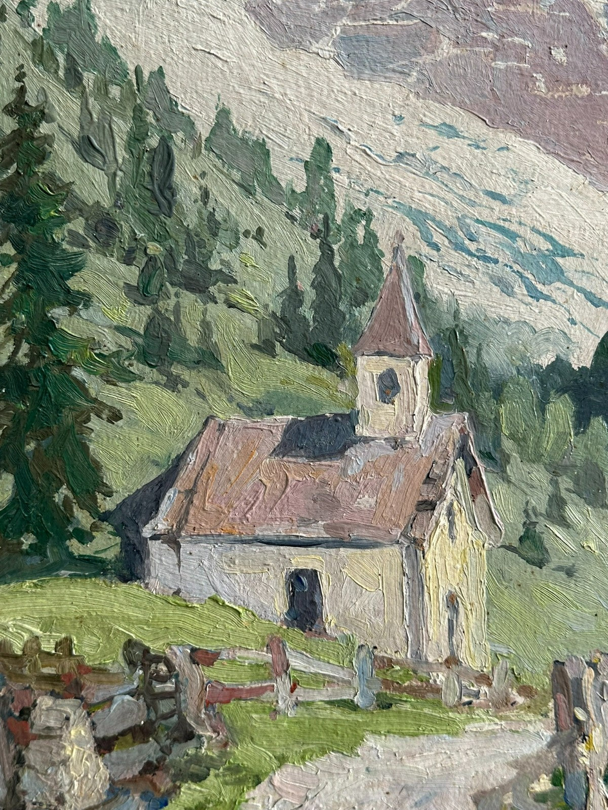 Antikes Ölgemälde von 1939 Kapelle am Wanderweg im Gebirge signiert
