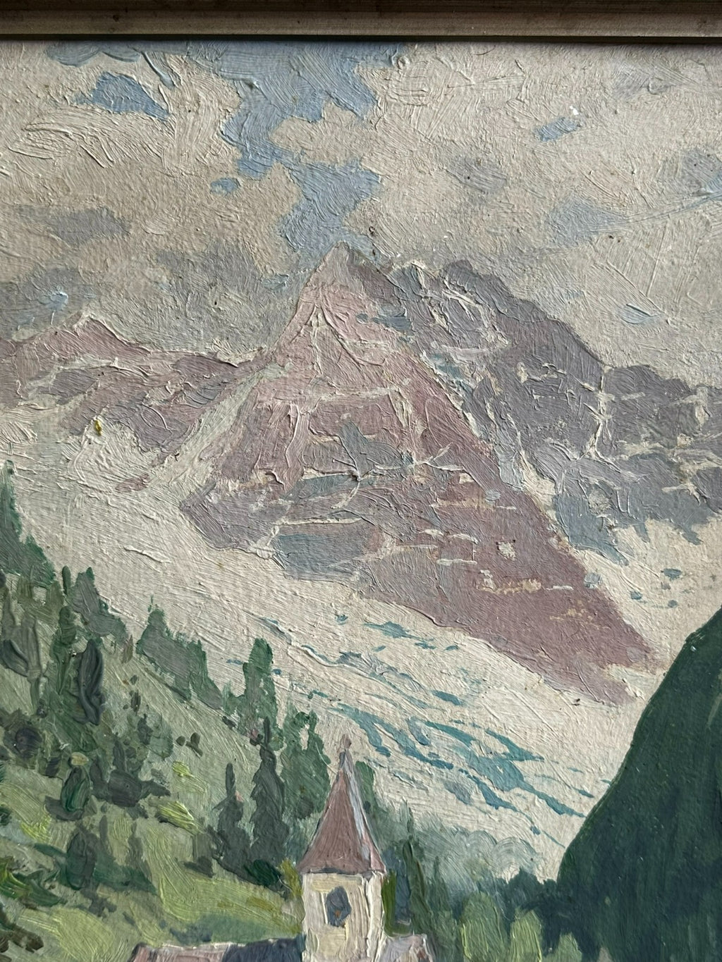 Antikes Ölgemälde von 1939 Kapelle am Wanderweg im Gebirge signiert