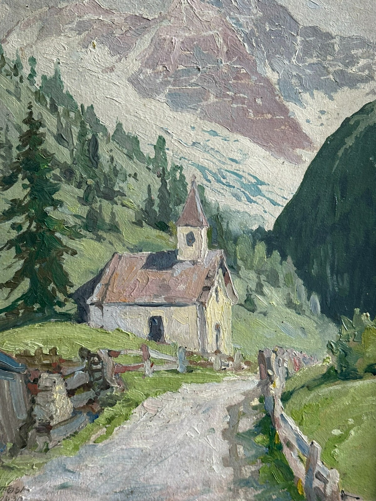 ANTIKES ÖLGEMÄLDE VON 1939 KAPELLE AM WANDERWEG IM GEBIRGE SIGNIERT