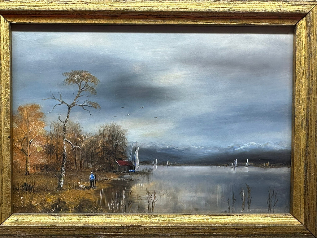 Ölgemälde Prunkrahmen Personen Landschaft am Chiemsee Ignaz Peter Falzberger