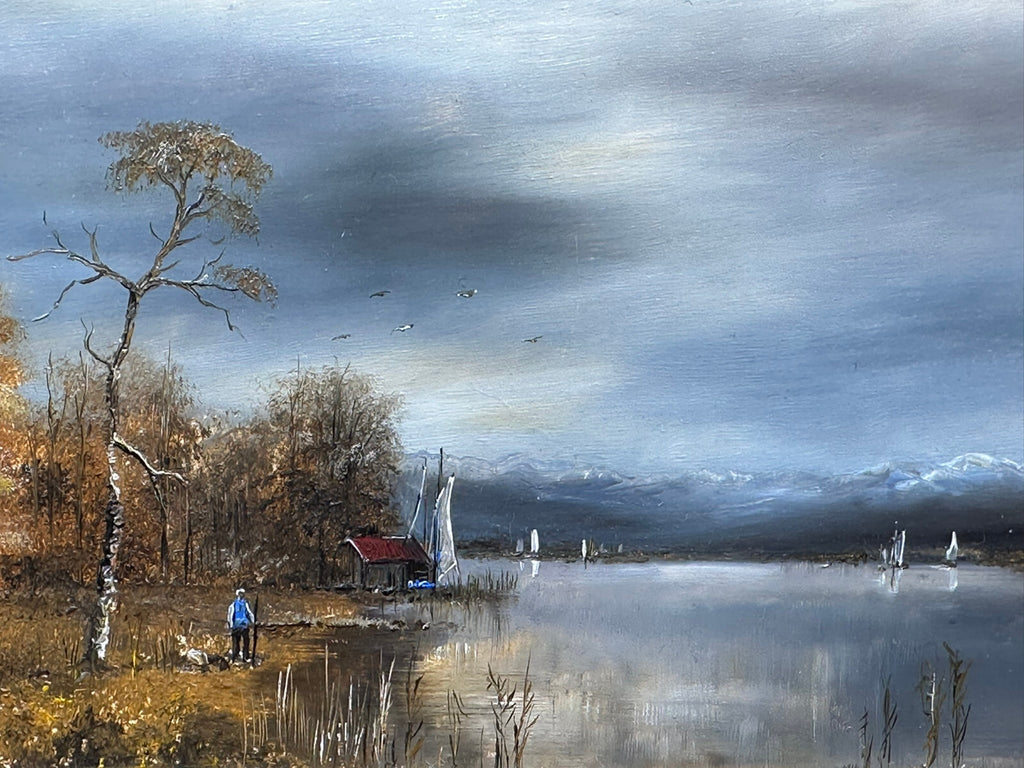Ölgemälde Prunkrahmen Personen Landschaft am Chiemsee Ignaz Peter Falzberger