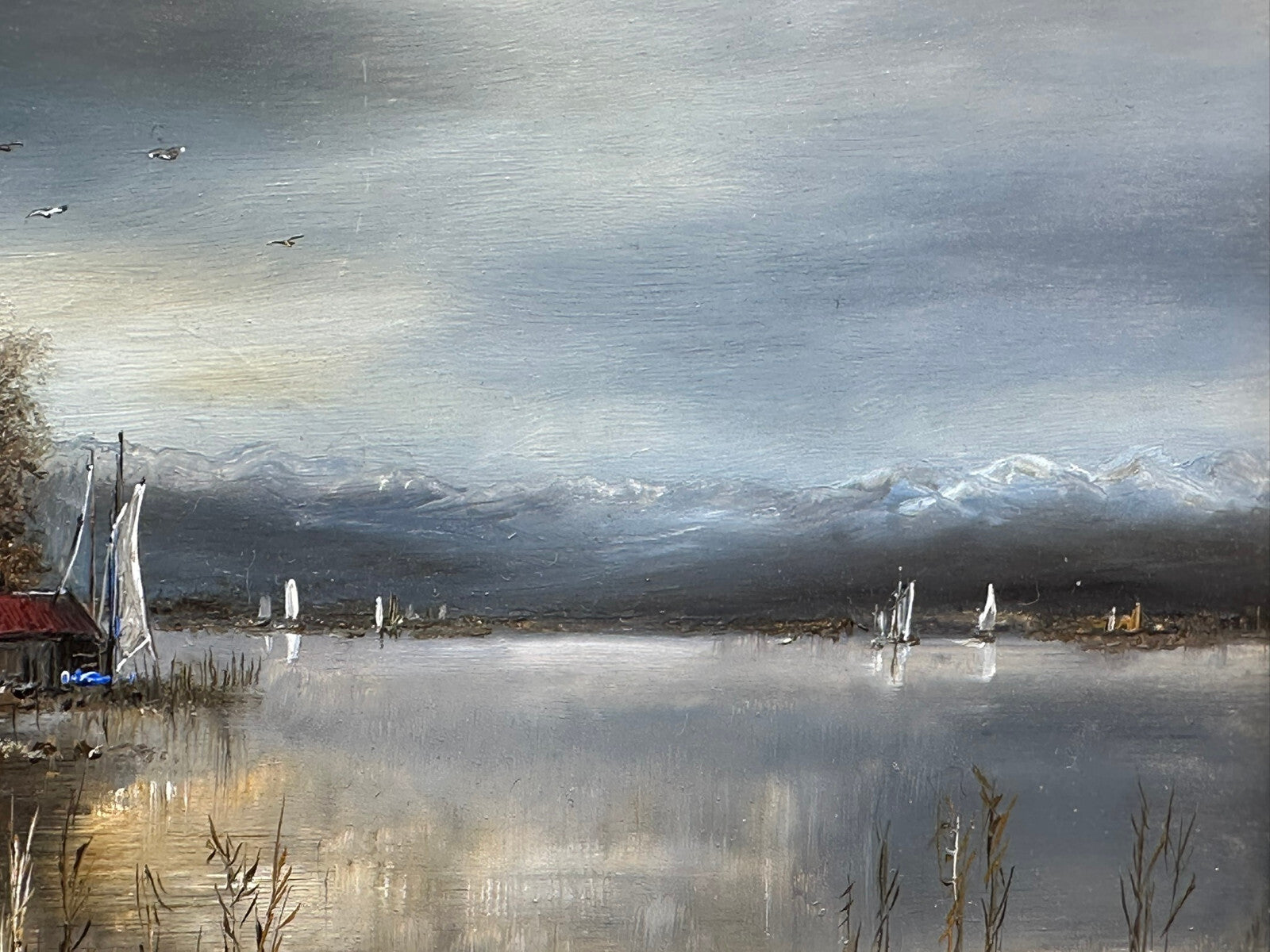 Ölgemälde Prunkrahmen Personen Landschaft am Chiemsee Ignaz Peter Falzberger