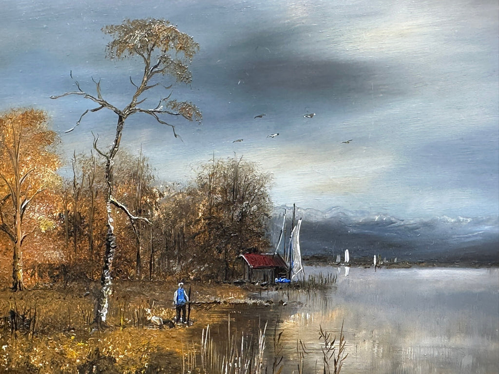 Ölgemälde Prunkrahmen Personen Landschaft am Chiemsee Ignaz Peter Falzberger