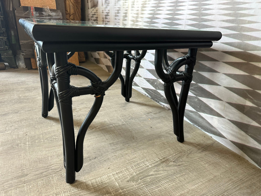 Vintage Beistelltisch Holz und Geflecht schwarz gefasst mit Glasplatte