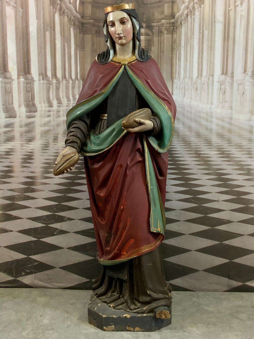 Nazarener Heiligenfigur Heilige mit Krone und Brot antik 19 tes Jhdt 141cm