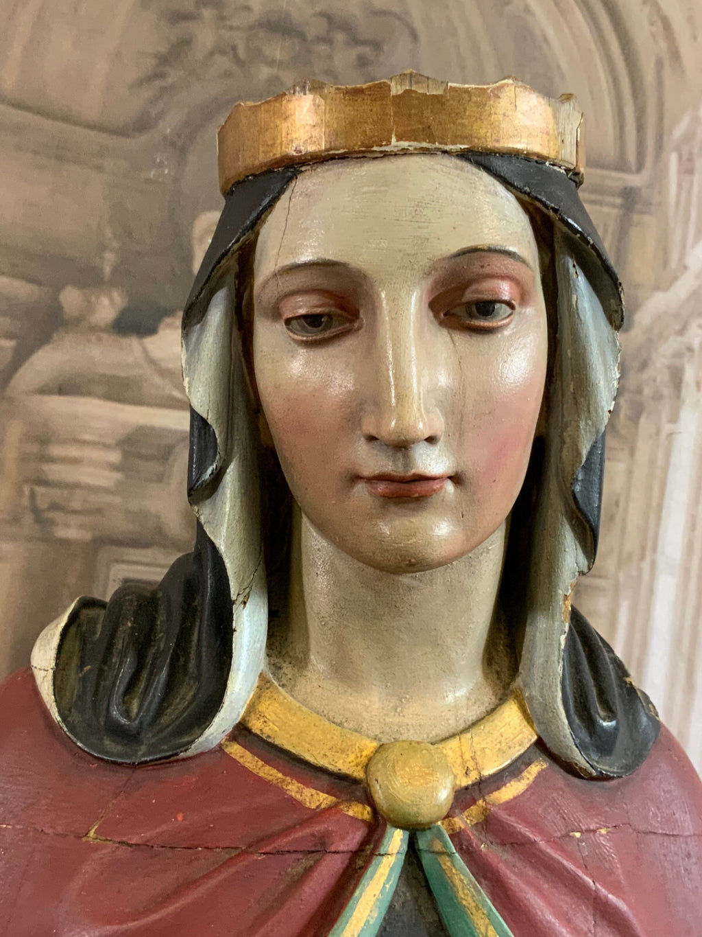 Nazarener Heiligenfigur Heilige mit Krone und Brot antik 19 tes Jhdt 141cm