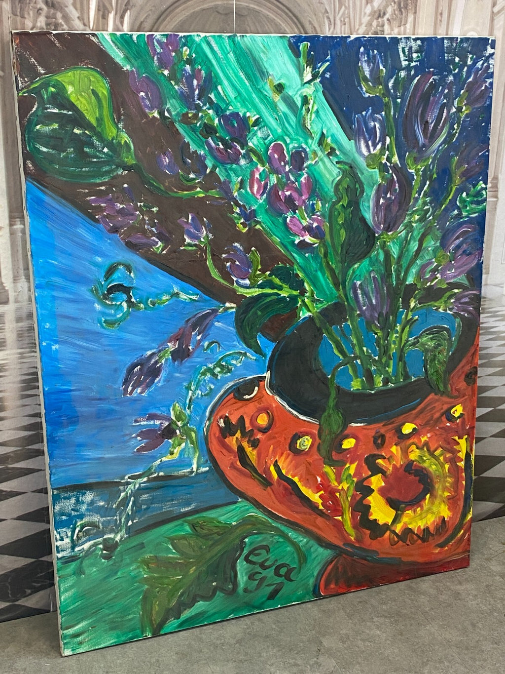 Xxxl Gemälde Acrylgemälde auf Leinwand 120x150cm Blumen in Vase Modern