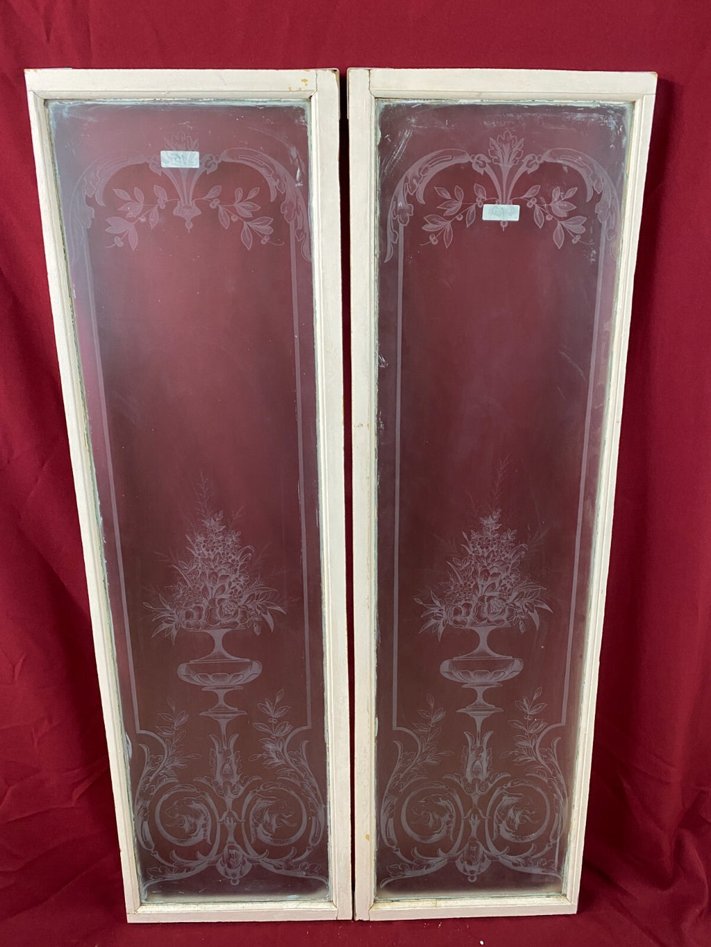 2x antike Glasscheibe Jugendstil um 1890 Fenster Girlanden Blumen 34x130cm