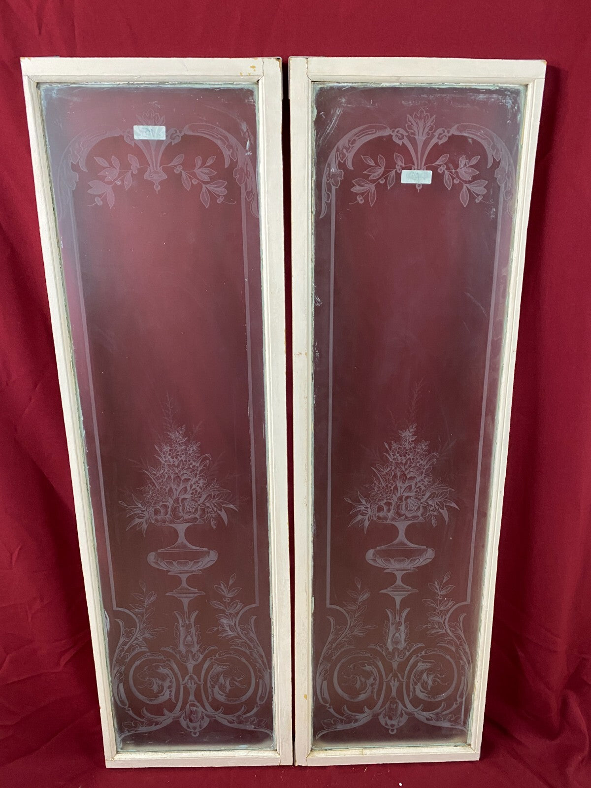 2x antike Glasscheibe Jugendstil um 1890 Fenster Girlanden Blumen 34x130cm