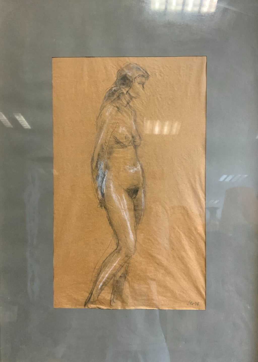 Zeichnung Erotik stehender Akt sehr gut gerahmt Gesamt 55x76cm