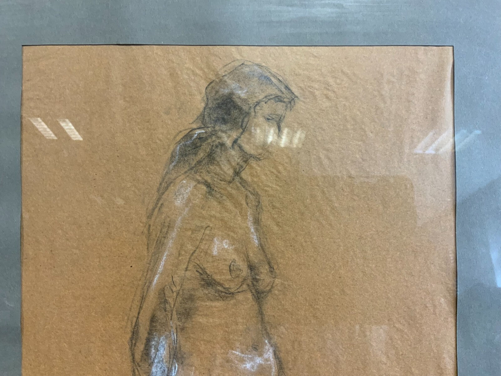 Zeichnung Erotik stehender Akt sehr gut gerahmt Gesamt 55x76cm