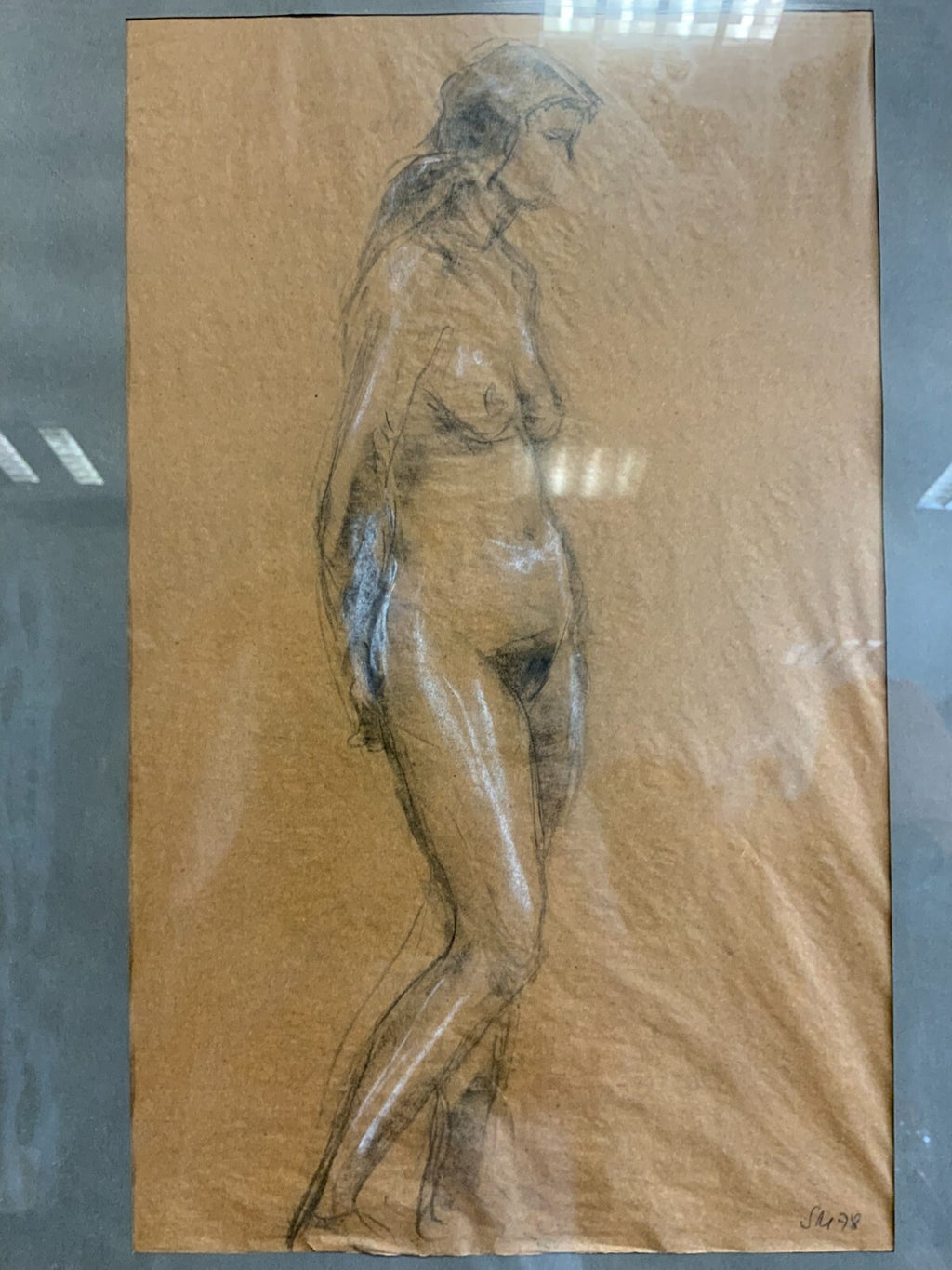 Zeichnung Erotik stehender Akt sehr gut gerahmt Gesamt 55x76cm