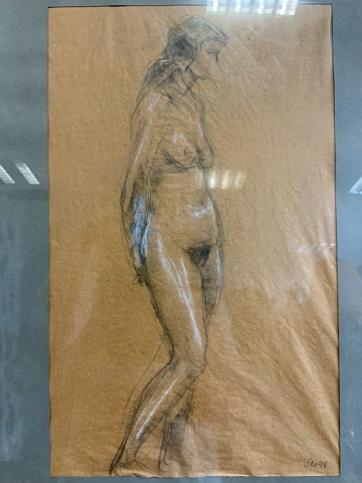 Zeichnung Erotik stehender Akt sehr gut gerahmt Gesamt 55x76cm