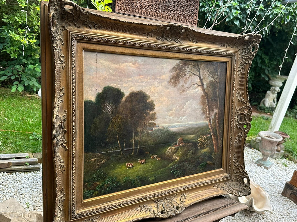 Barock Gemälde 18 tes Jh signiert G. Grisoni Kühe auf der Weider Landschaft
