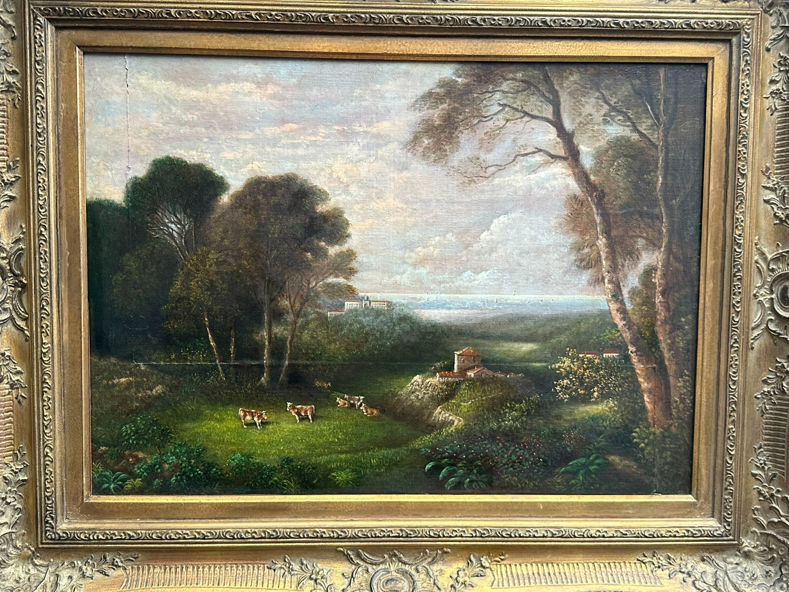 Barock Gemälde 18 tes Jh signiert G. Grisoni Kühe auf der Weider Landschaft