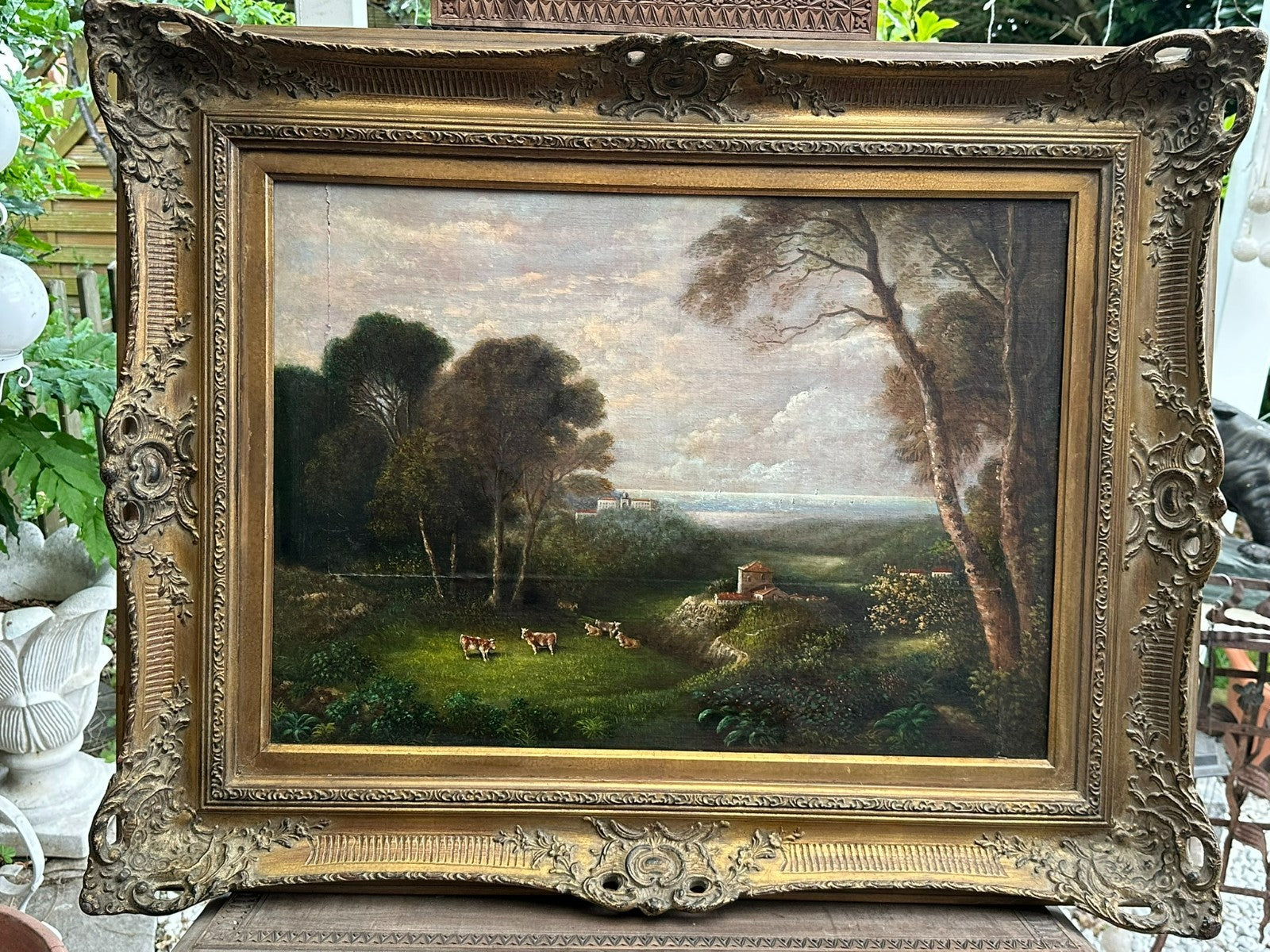BAROCK GEMÄLDE 18 TES JH SIGNIERT G. GRISONI KÜHE AUF DER WEIDER LANDSCHAFT