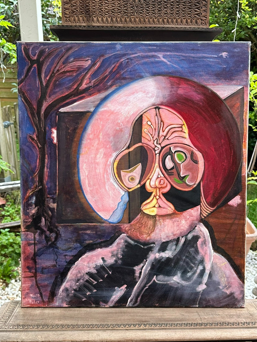 Modernes Ölgemälde Surrealismus Portrait signiert Huber