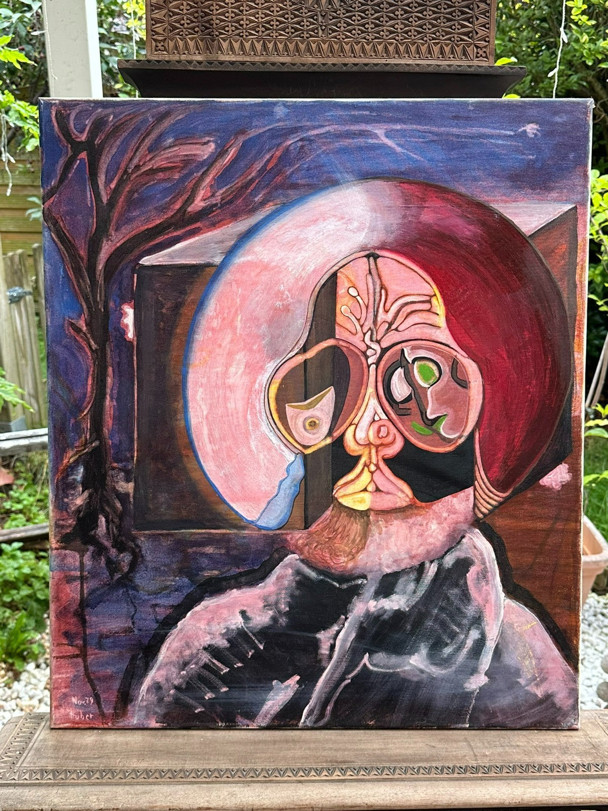 Modernes Ölgemälde Surrealismus Portrait signiert Huber