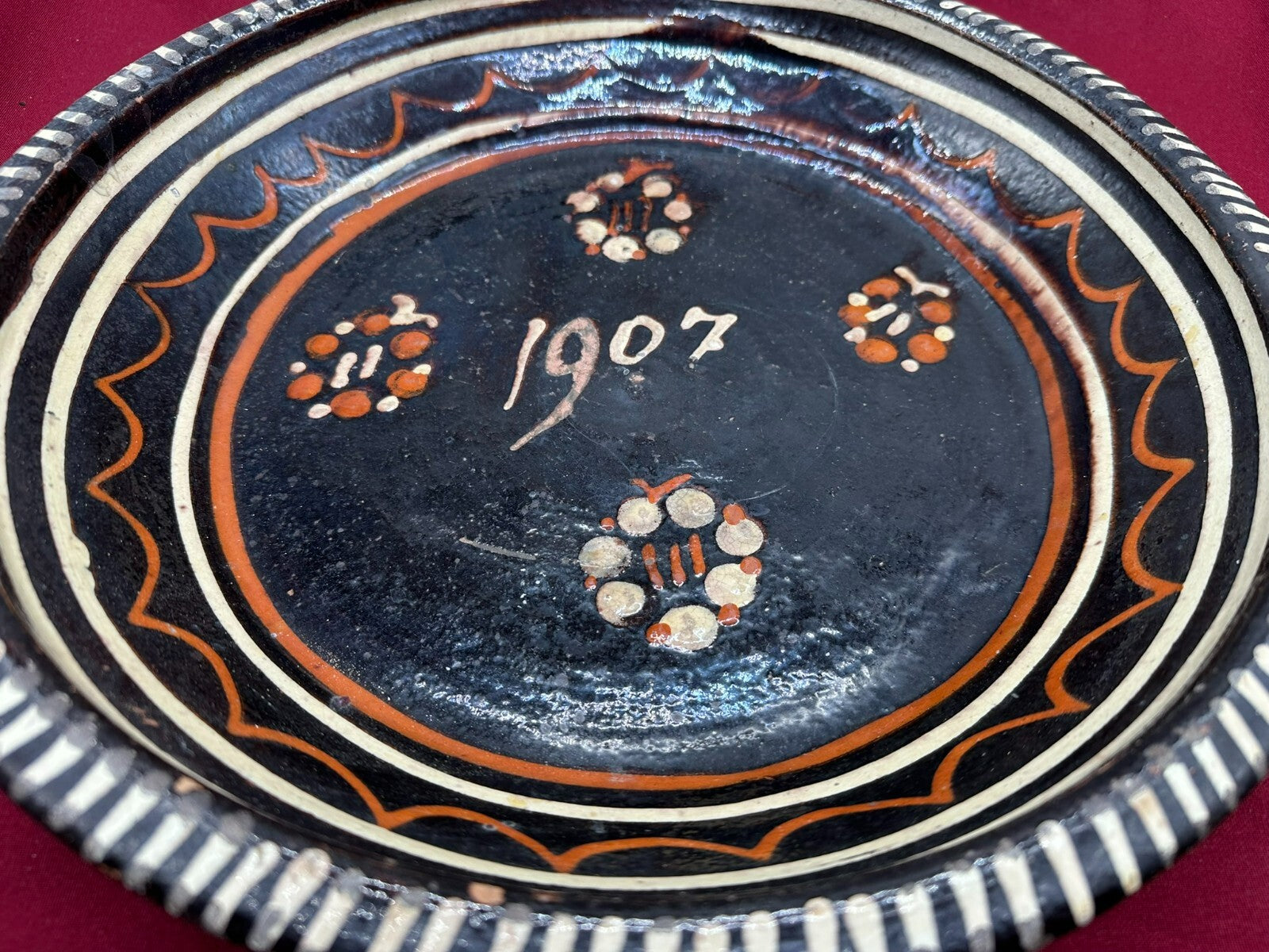 Grosse antike Schale aus Keramik handbemalt von 1907 35cm