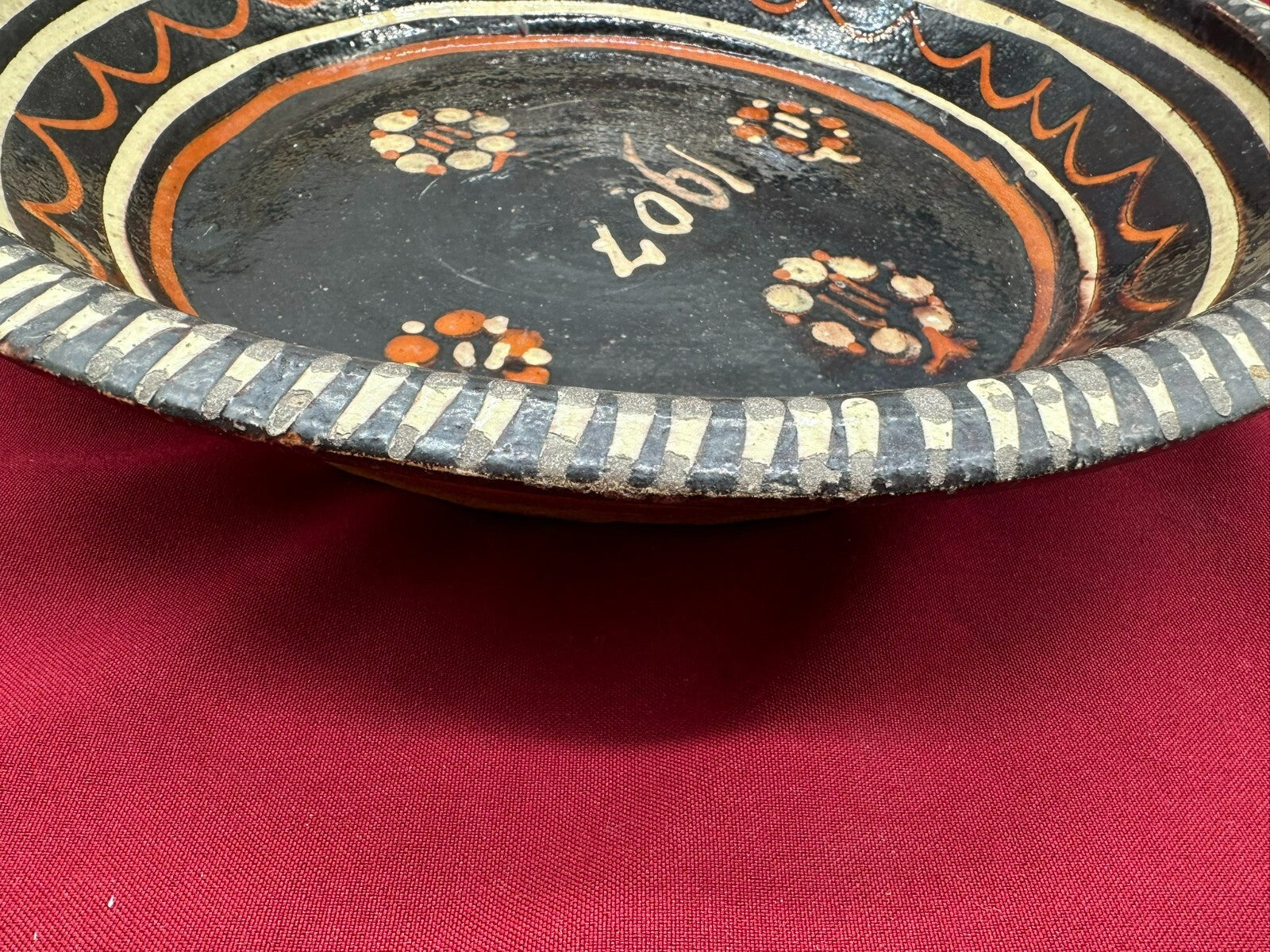 Grosse antike Schale aus Keramik handbemalt von 1907 35cm