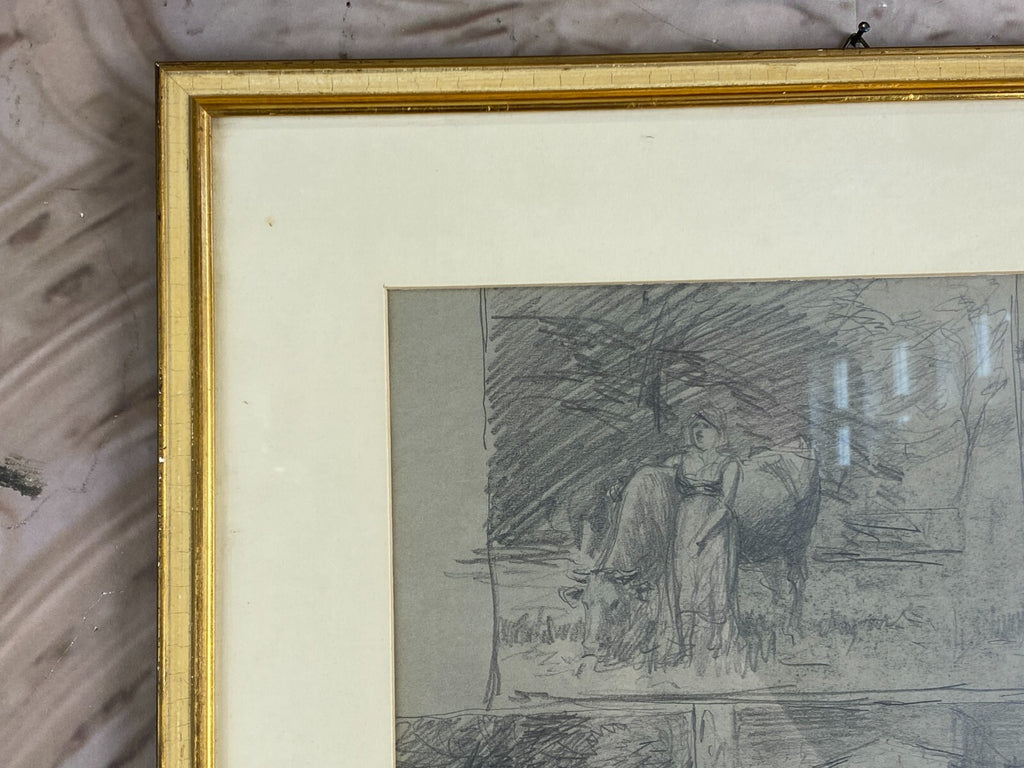 Kohlestift Zeichnung gerahmt Frau Personen Kuh Josef Wopfner (1843-1927)