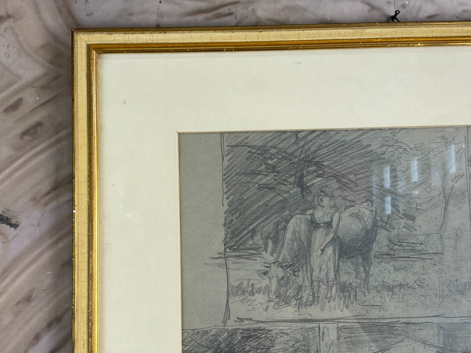 Kohlestift Zeichnung gerahmt Frau Personen Kuh Josef Wopfner (1843-1927)