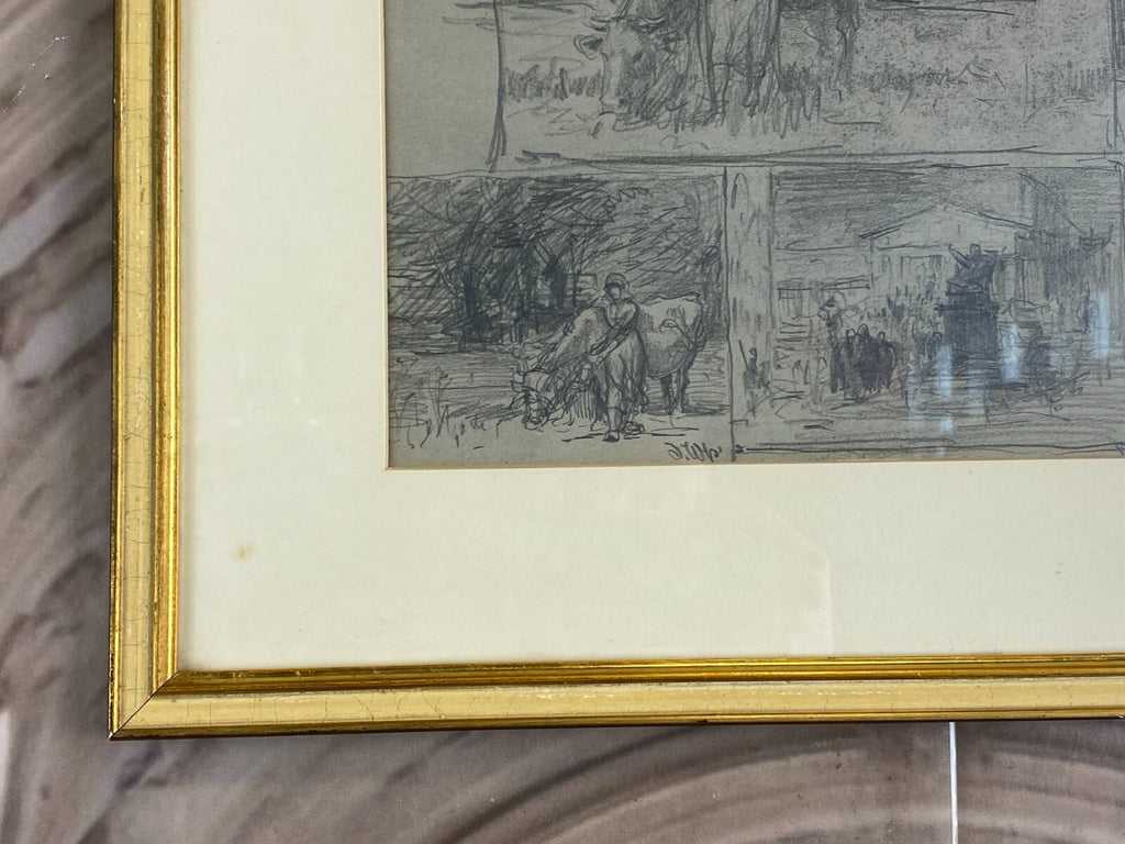 Kohlestift Zeichnung gerahmt Frau Personen Kuh Josef Wopfner (1843-1927)